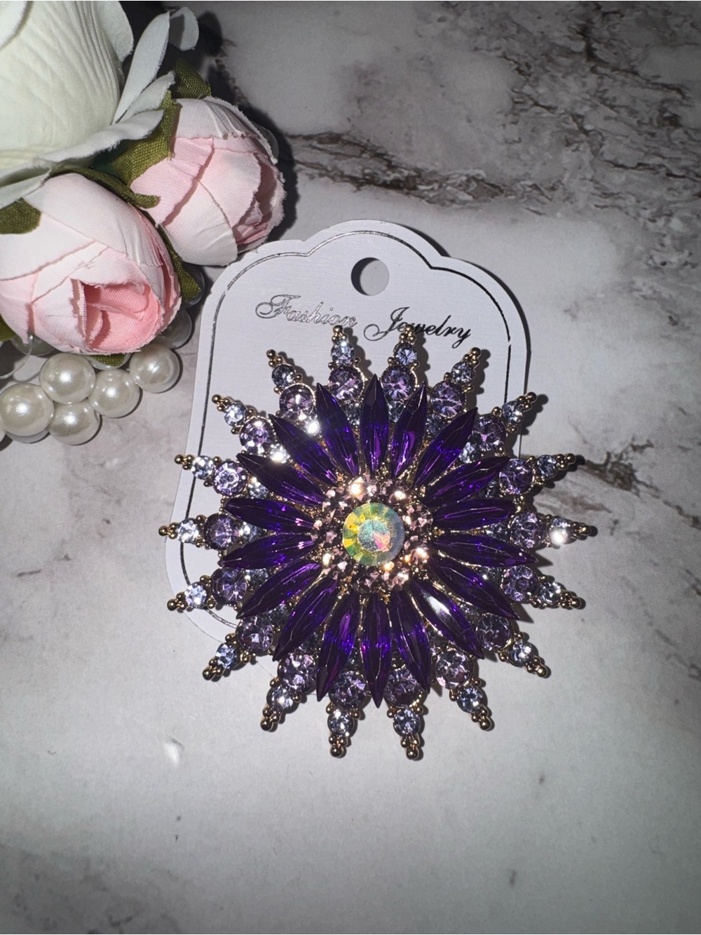 Fashion Jewelry Purple Crystal Starburst Brooch with Iridescent Center